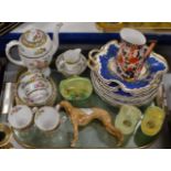 TRAY WITH GENERAL CERAMICS, BESWICK STYLE DOG ORNAMENT, GROSVENOR COFFEE WARE, CROWN DERBY JUG ETC