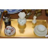 TRAY WITH BELLEEK VASES, BELLEEK STYLE TRIO SET, ORIENTAL CUP & SAUCER, CLOISONNÉ VASE ON STAND