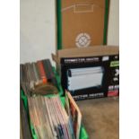 2 BOXES WITH QUANTITY LP RECORDS, CONVECTOR HEATER & CROSSFIRE GAME