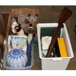 3 BOXES WITH GUN STOCKS, ORIENTAL STYLE JAR, VARIOUS CRYSTAL & GLASS WARE, LARGE DOG ORNAMENT ETC