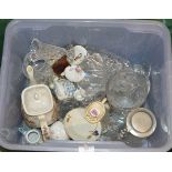 BOX WITH CRYSTAL & GLASS WARE, MINIATURE ORIENTAL STYLE TEAPOTS ETC