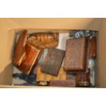 BOX WITH VARIOUS WOODEN TRINKET BOXES, HORSE BRASSES, WOODEN MASK DISPLAYS ETC