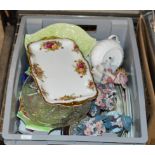 BOX WITH MIXED CERAMICS, FIGURINE ORNAMENTS & GENERAL BRIC-A-BRAC