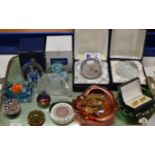 TRAY CONTAINING VARIOUS GLASS PAPER WEIGHTS, BADGES, CUFFLINKS, ASHTRAYS ETC