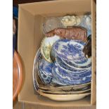 BOX WITH VARIOUS FIGURINE ORNAMENTS & ASSORTED DINNER WARE