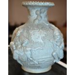 9½"" UNUSUAL CHINESE POTTERY VASE WITH DECORATION IN HIGH RELIEF & 4 CHARACTER BROWN ETCHED MARK ON