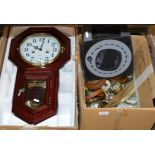 2 BOXES WITH MIXED CERAMICS, WOODEN COASTERS, MODERN WALL CLOCK ETC