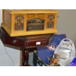 OCCASIONAL TABLE, TURNTABLE/CD UNIT & BOX WITH HEATERS, FIGURINE ETC