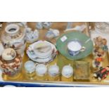 TRAY WITH GENERAL CERAMICS, HUMMEL FIGURINES, COLOURED GLASS BOWL, QUANTITY ORIENTAL STYLE TEA WARE,