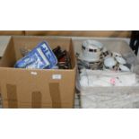 2 BOXES WITH QUANTITY LINEN, VARIOUS TEA WARE, MIXED CERAMICS & GENERAL BRIC-A-BRAC