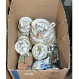 BOX WITH QUANTITY PARAGON TEA WARE, VARIOUS THIMBLES, SOUVENIR SPOONS, ORIENTAL STYLE TEA POT ETC