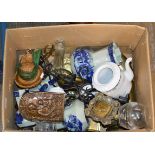 BOX WITH GRADUATED POTTERY JUGS, CANDLE STAND, DECORATIVE BRONZE EFFECT PLAQUE, GLASS WARE, BRASS