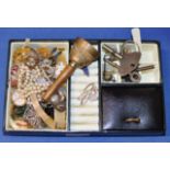 BOX WITH ASSORTED COSTUME JEWELLERY, SILVER EARRINGS, FAUX PEARLS, GILT BRACELETS, VARIOUS