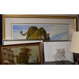 QUANTITY VARIOUS FRAMED PICTURES, LARGE TIGER PRINT, FRAMED OIL ON BOARD - STREET SCENE SIGNED R.