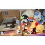 2 BOXES WITH ASSORTED TOYS, SOFT TOYS ETC