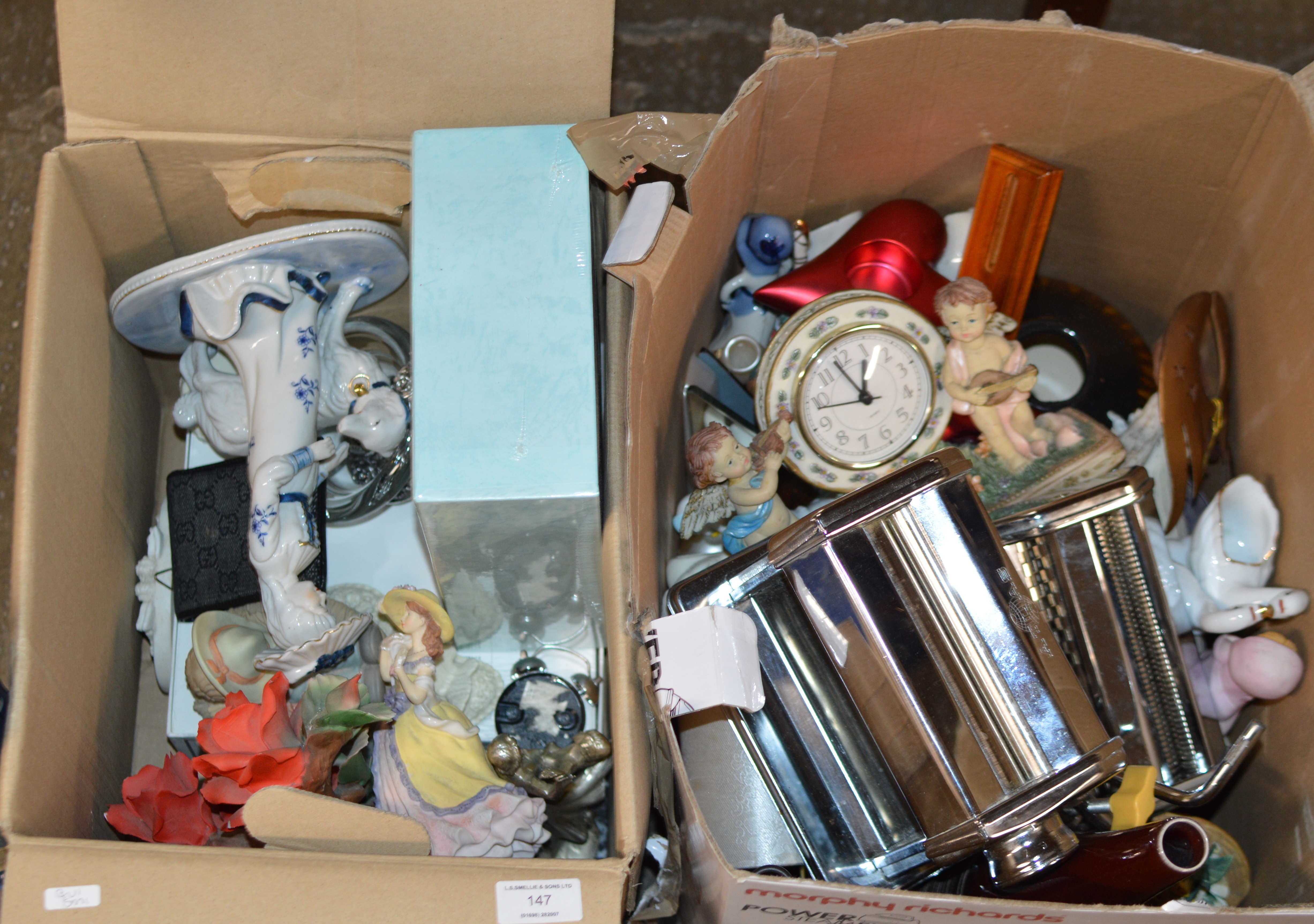 2 BOXES WITH VARIOUS ORNAMENTS, FIGURINES & GENERAL BRIC-A-BRAC