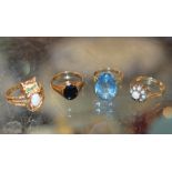 3 VARIOUS 9 CARAT GOLD DRESS STONE RINGS & UNMARKED GOLD CAT DESIGN RING - APPROXIMATE WEIGHT = 17