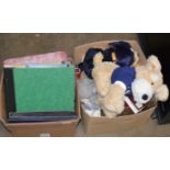 2 BOXES WITH SOFT TOYS, ALBUMS OF OLD PHOTOGRAPHS, LINEN ETC