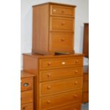 MODERN TEAK 5 DRAWER CHEST WITH MATCHING 3 DRAWER BEDSIDE CHEST