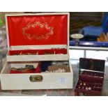 BOX WITH ASSORTED COSTUME JEWELLERY INCLUDING GOLD EARRINGS
