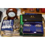 TRAY CONTAINING INLAID MAHOGANY MANTLE CLOCK & ASSORTED CUTLERY INCLUDING SILVER HANDLED KNIVES