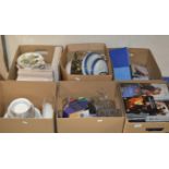 6 BOXES WITH QUANTITY DOULTON DINNER WARE, VARIOUS DISPLAY PLATES, USING GLASSES, CRYSTAL GLASSES,