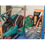 BOSCH ELECTRIC LAWNMOWER, BLACK & DECKER GARDEN VACUUM, BOSCH HEDGE TRIMMER, FLYMO STRIMMER IN BOX &