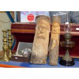 PARAFFIN LAMP, PAIR OF CANDLE STICKS, 2 WOODEN CARVINGS, SMALL QUAICH & QUANTITY CIGARETTE CARDS