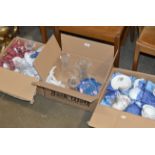 3 BOXES WITH CRYSTAL & GLASS WARE, LLADRO STYLE FIGURINE, QUANTITY TEA WARE ETC