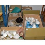 VARIOUS BOXES WITH GLASS WARE, TEA WARE, VARIOUS DISHES, MUGS, MIXED CERAMICS & GENERAL BRIC-A-BRAC