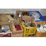 7 BOXES CONTAINING VARIOUS BOOKS, MIXED CERAMICS, SUSIE COOPER TEA WARE, LIGHT SHADE, EP WARE, BRASS