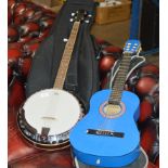 MODERN BANJO WITH CARRY CASE & SMALL ACOUSTIC GUITAR WITH CARRY CASE