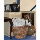 GILT MIRROR, QUANTITY PICTURES, LIDDED PAN, COBBLERS LAST, LINEN BIN, WICKER BASKET & QUANTITY LINEN