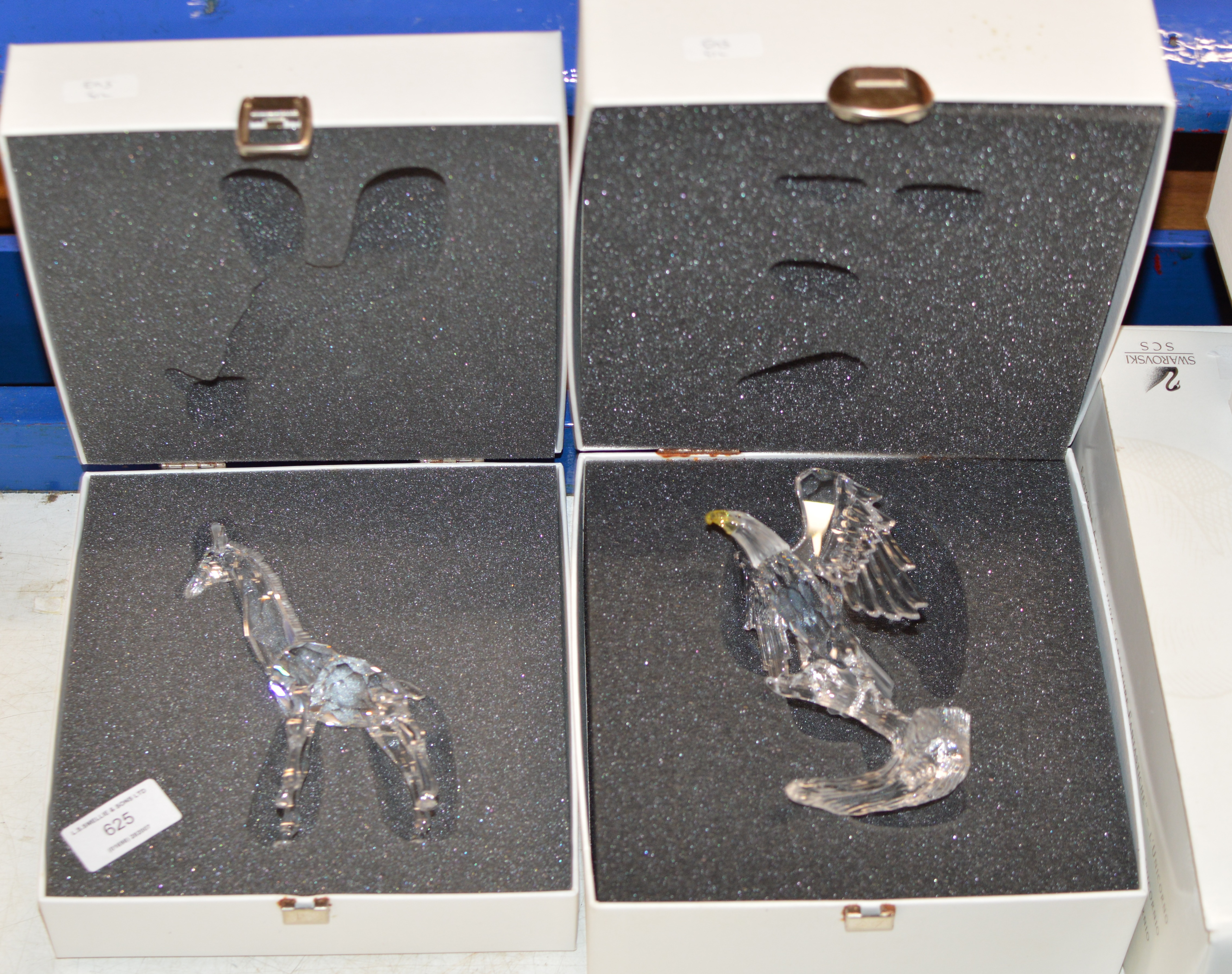 2 LARGE BOXED SWAROVSKI CRYSTAL ANIMAL ORNAMENTS, GIRAFFE & EAGLE