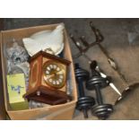 BOX WITH MANTLE CLOCK & ASSORTED ITEMS, PAIR OF CANDLE STANDS & PAIR OF HAND WEIGHTS