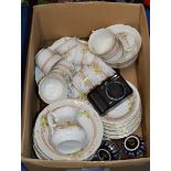 BOX WITH CANON G9 CAMERA, PAIR OF MINIATURE VASES, QUANTITY DECORATIVE TEA WARE ETC