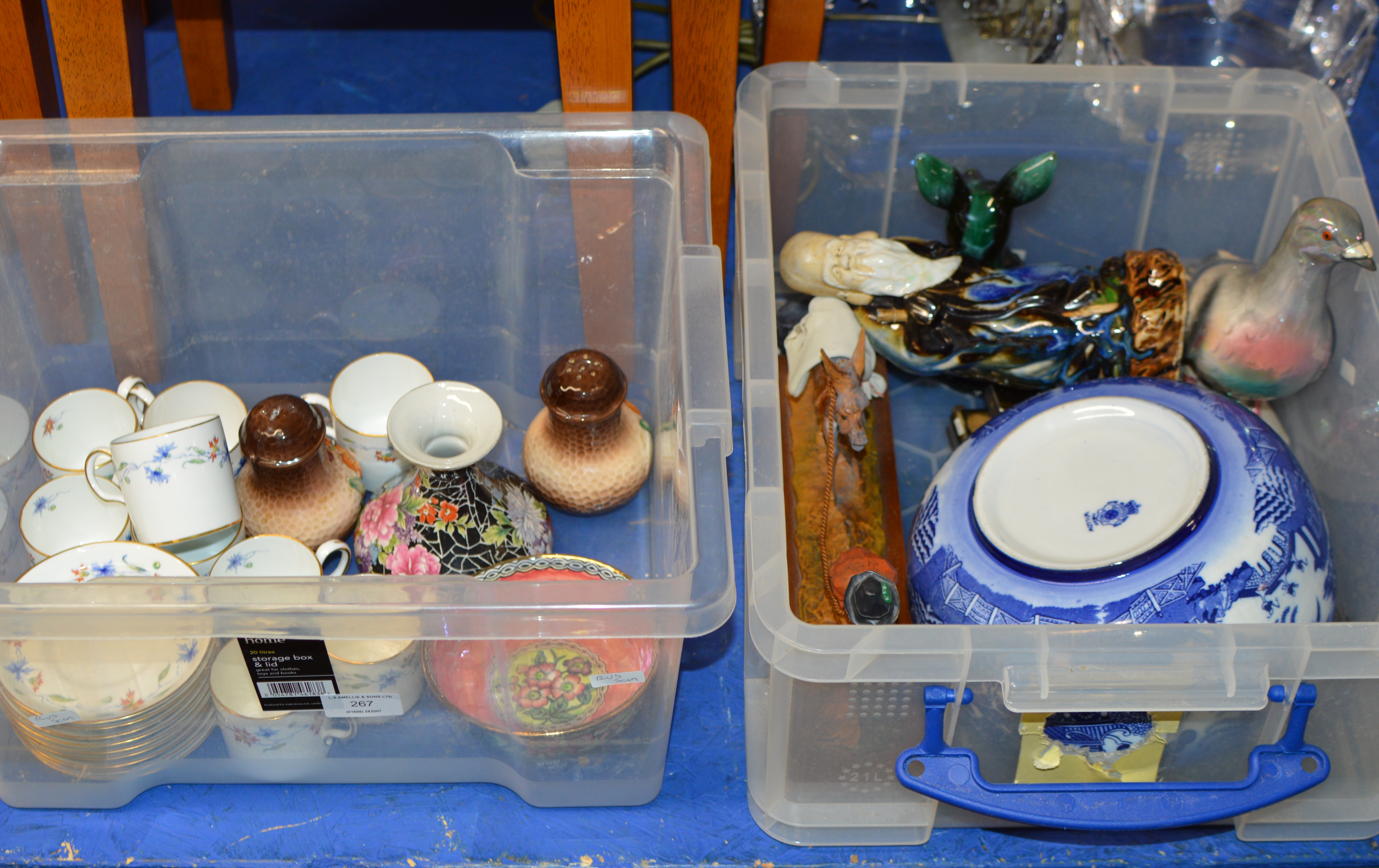 2 BOXES WITH MIXED CERAMICS, QUANTITY ROYAL CROWN DERBY COFFEE WARE, SHELLEY VASE, CARLTON CRUETS,