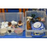 2 BOXES WITH MIXED CERAMICS, QUANTITY ROYAL CROWN DERBY COFFEE WARE, SHELLEY VASE, CARLTON CRUETS,