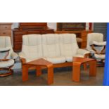 5 PIECE STRESSLESS CREAM LEATHER WOODEN FRAMED LOUNGE SUITE WITH PAIR OF SIMILAR COFFEE TABLES