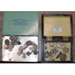 DECORATIVE WOODEN BOX WITH ASSORTED SILVER JEWELLERY & TIN WITH COIN BRACELETS
