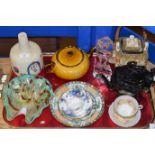 TRAY WITH OLD MASONIC POTTERY BOTTLE, GLASS DISH, LIDDED TEAPOTS, TEA WARE ETC