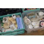 2 BOXES WITH GENERAL CERAMICS, PUB JUGS, WEDGWOOD DISHES, CAKE PLATES, TEA WARE ETC