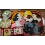 TRAY WITH VARIOUS REPRODUCTION WALL MASK DISPLAYS, MINIATURE DOLLS TEA WARE, MALING LIDDED BOX ETC