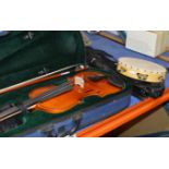 MODERN VIOLIN WITH BOW & CASE, TAMBOURINE & MUSIC STAND