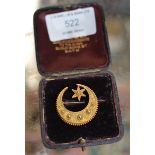 YELLOW METAL EASTERN CRESCENT MOON & STAR BROOCH PIN