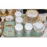 TRAY CONTAINING QUANTITY SHELLEY TEA WARE, BUTTER DISH, CROWN DERBY STRAINER ETC