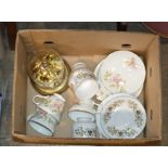 BOX WITH MANTLE CLOCK & ASSORTED TEA WARE