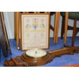 VICTORIAN OAK COMBINATION BAROMETER & SEWN SAMPLER