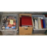 3 BOXES WITH VARIOUS STAMPS, POSTCARDS, STAMP ALBUMS, VARIOUS MAGAZINES ETC