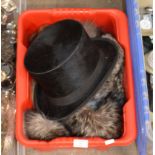BOX WITH TOP HAT & VARIOUS FUR STOLES